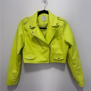 Love Tree Neon Green Chartreuse Cropped Faux Leather Jacket Size Medium